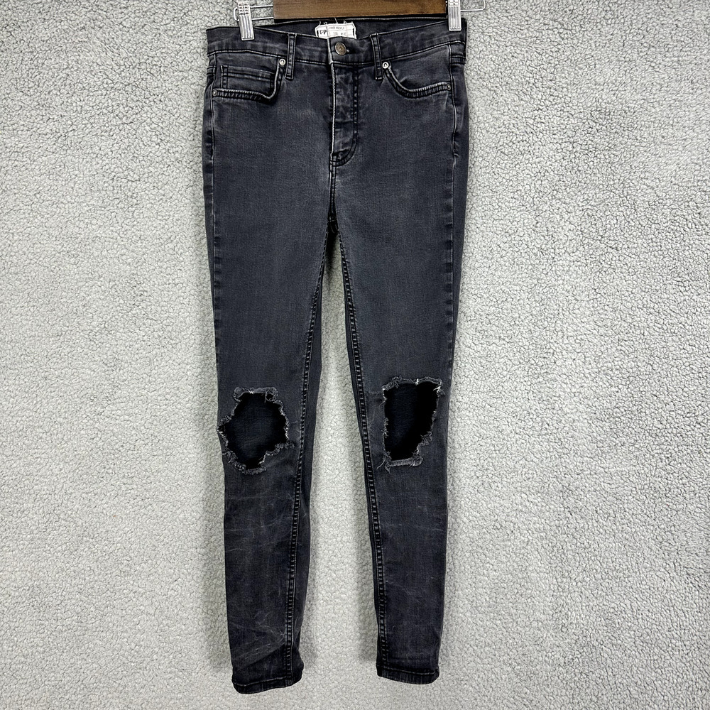 Free People Skinny Jeans Womens 27 Black Distressed Moto Boho Biker Grunge Goth - Picture 1 of 6